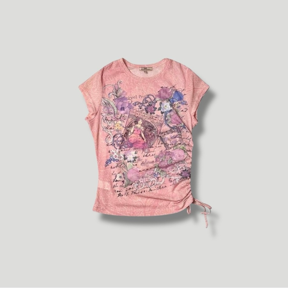 Vintage Y2K Lei Sheer Pink Mesh Asymmetrical Ruched Art Nouveau Graphic Top XL